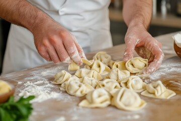 Chef preparing fresh homemade tortellini on wooden board