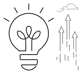 Lightbulb with plant sprout inside radiating light, upward arrows beside abstract cloud. Ideal for innovation, growth, creativity, sustainability, progress, inspiration business strategy. Clean flat