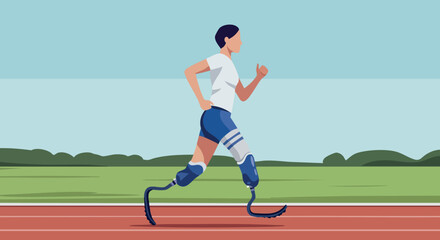 Obraz premium Athlete running with prosthetic legs on track in outdoor sports training environment 
