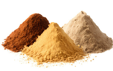 Three different types of spices in an explosive arrangement, isolated on a transparent background, in PNG format