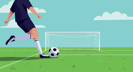 Fototapeta premium Soccer player kicking ball towards goal on green field vector illustration 