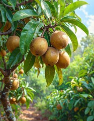 A close-up of fresh sapodilla or sapodilla plum fruit on the tree with selective focus and blur. Sapodilla or sawo is a tropical fruit with a brown skin that has a sweet taste inside.	