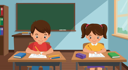 Children studying in classroom with sunlight through window and school supplies on desks vector 