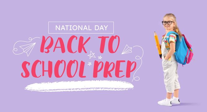 Cute little girl with big pencil and backpack on lilac background. National Back To School Prep Day