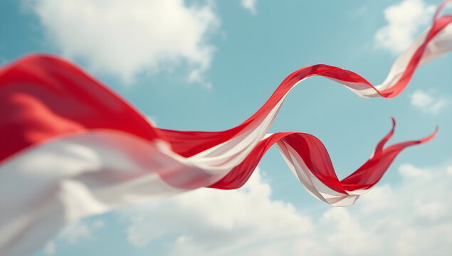 Red and White Ribbon of the Indonesian Flag Flying in the Sky