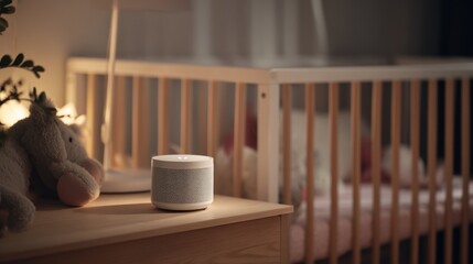Modern smart speaker with patterned surface and plush animal on wooden nightstand in cozy baby room with warm light near crib.