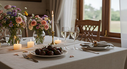 Romantic Dinner Table Set for Two with Wine, Flowers, and Chocolate Strawberries