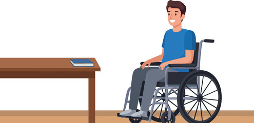 Young man sitting in wheelchair next to wooden table with book vector illustration 