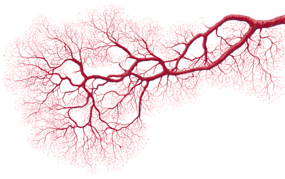  Vector illustration of red glowing human capillaries, veins, and arteries on a transparent background.