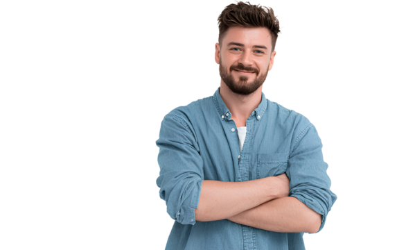 Young smiling man with crossed arms, isolated on a transparent background. PNG file.