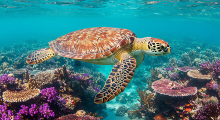 Fototapeta premium Sea Turtle Gliding Over Vibrant Coral Reef