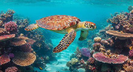 Fototapeta premium Sea Turtle Gliding Through Vibrant Coral Reef Underwater