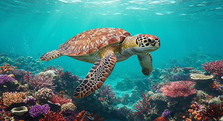 Fototapeta premium Sea Turtle Swimming Above Coral Reef in Clear Tropical Water