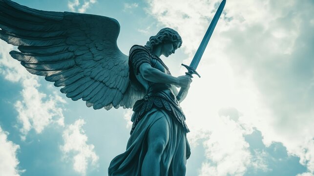 Archangel Michael statue is captured in a dramatic low-angle view, with the statue holding a protective sword