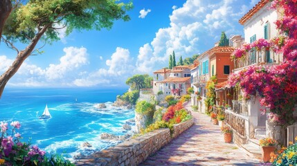 In a digital painting, a quaint seaside town in Spain is depicted with its colorful flowers and fences set against the stunning backdrop of a turquoise ocean, embodying an idyllic Mediterranean