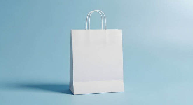 A plain white paper shopping bag with handles stands against a light blue background.