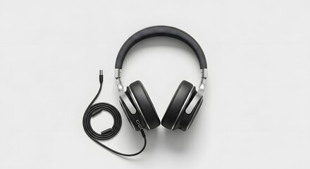 Sleek black over-ear headphones with cable, resting on a light gray background.