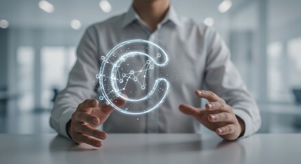 Confident businessman presents innovative digital concept with glowing network graphic