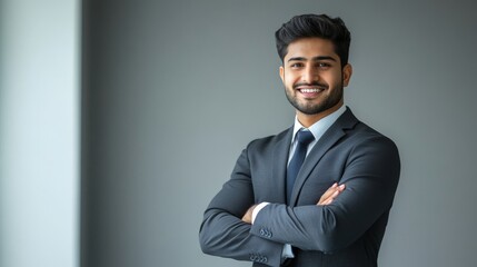 With a warm smile, a charismatic Indian businessman conveys approachability and professionalism in a modern corporate portrait, posing confidently with folded hands against a clean white backdrop in
