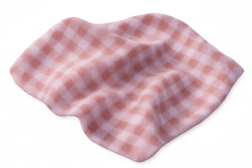 Soft pink checkered fabric flowing gently, forming elegant folds on a transparent background, creating a delicate and airy atmosphere