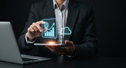 Unlock global growth analyzing digital data with futuristic cloud analytics on tablet