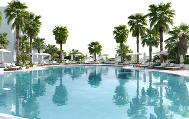  3D render of a luxury hotel pool with palm trees and sun loungers, transparent background, PNG format, high resolution