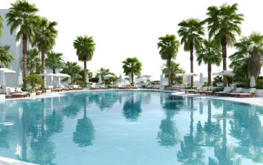  3D render of a luxury hotel pool with palm trees and sun loungers, transparent background, PNG format, high resolution