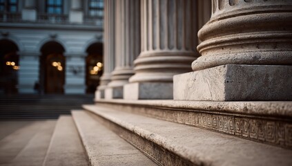 Obraz premium Close-up of steps leading to classical columns at office building symbolizing law and justice