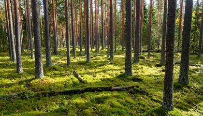 Obraz premium Sunlight filtering through a dense pine forest floor covered in moss