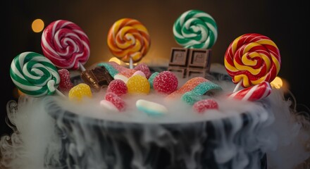 A black cauldron filled with candy lollipops and a smoky fog A dark background with bokeh lights