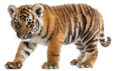 Obraz premium A cute baby tiger lying down, isolated on a transparent background, in a PNG file.