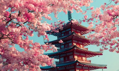 Cherry blossoms and a traditional pagoda