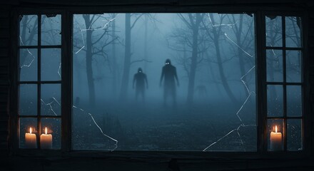 A broken window frames a foggy forest with two silhouetted figures Lit candles sit on the windowsill