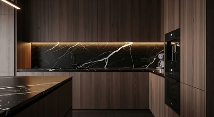 Modern Kitchen Interior - Dark Wood Cabinets, Marble Countertop, and Subtle Lighting.