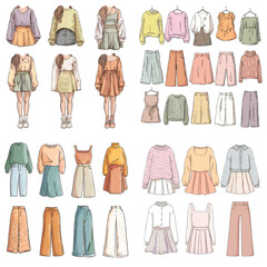 Hand-drawn fashion illustration of women’s casual clothing collection in pastel tones, featuring skirts, sweaters, blouses, and pants. Perfect for design, fashion, or styling projects.