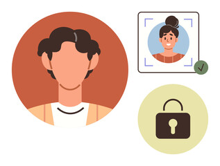 Faceless person avatar, photo verification frame with checkmark, and secure padlock. Ideal for authentication, online privacy, security, biometrics, data protection technology user account. Simple