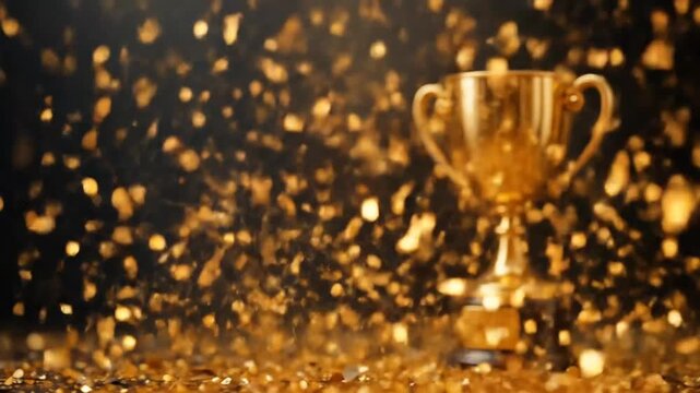 Gold trophy with glittering confetti on a dark background. 4k video