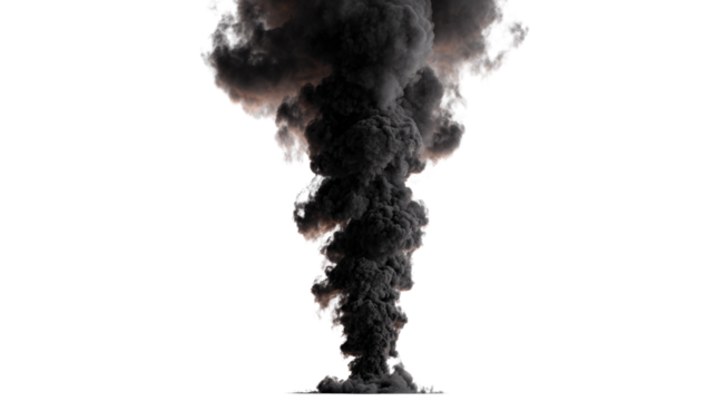 A massive cloud of dark smoke rises dramatically against a transparent background, creating a powerful visual.