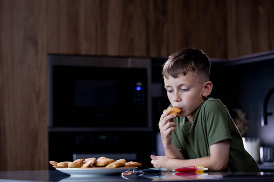 A Thoughtful Young Boy Enjoying Delicious Cookies in a Modern and Cozy Kitchen Environment