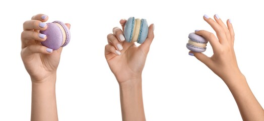 Set of hands holding sweet macarons on white background