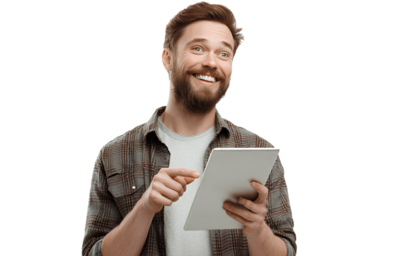  A happy young man holding an iPad and looking at it, in a transparent background PNG sticker format.