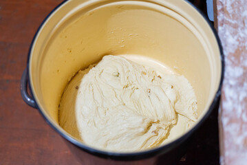 Homemade bread dough rising in bowl before baking