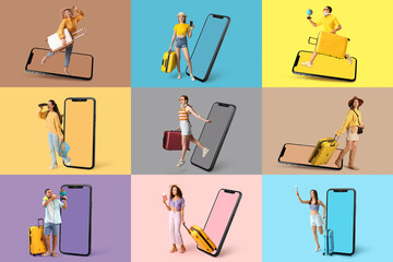 Collage of young travelers with big mobile phones on color background
