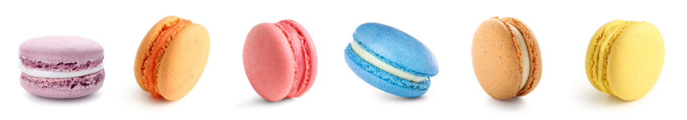 Set of different sweet macarons on white background