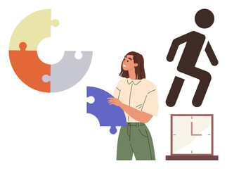 Young woman holds puzzle piece near incomplete circle, symbolizing problem-solving. Adjacent figure climbing stairs, clock aligns with productivity, collaboration, innovation. Ideal for teamwork
