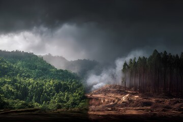 Fototapeta premium Burning forest during wildfire, symbol of global warming, climate change and environmental destruction. Wildfire flames consuming trees showing ecological crisis, global heating. Deforestation impact.