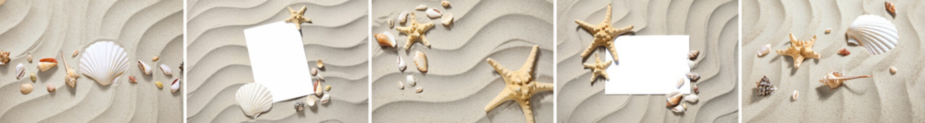 Collage with starfishes, sea shells and blank cards on beach sand