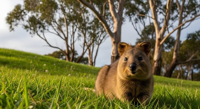 A quokka sitting in green grass with trees in the background on a sunny day in the outdoors