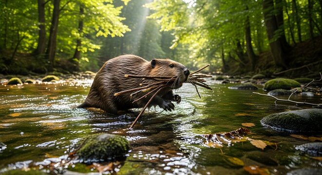 A beaver carrying sticks in its mouth standing in shallow water with a forest background scene