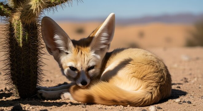 Fennec fox curled up sleeping near a cactus in the desert under a clear blue sky in the daytime